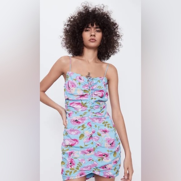 Zara Dresses & Skirts - Zara Blue/Pink Floral Ruched Drawstring Mini Dress